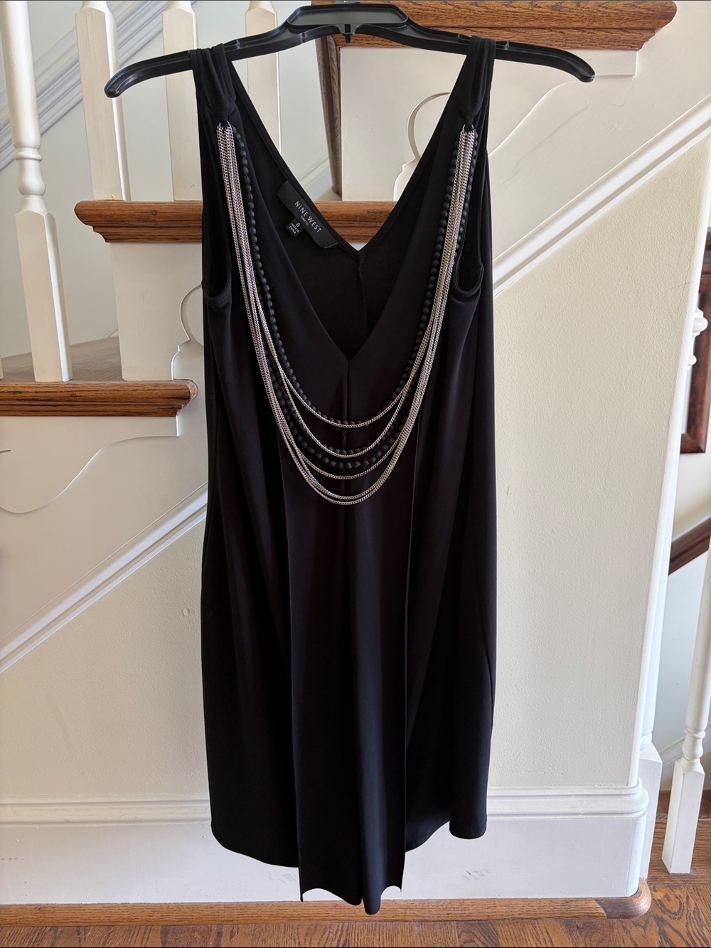 Nine West Black Sleeveless V-Neck Mini Dress with Layered Silver Chains